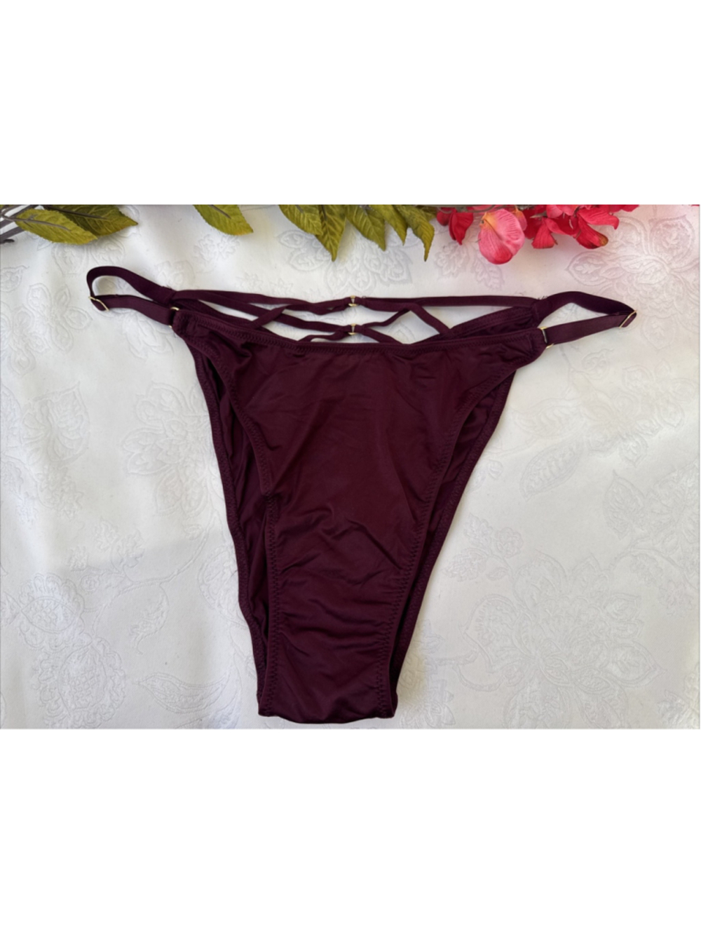 VICTORIA'S SECRET L BURGUNDY SILKY HI LEG BRAZILIAN THONG PANTIES CUT OUT NWT
